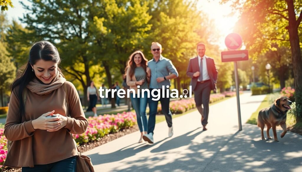 A bright and inviting urban landscape showcasing people of diverse backgrounds walking in various everyday scenarios. In the foreground, a young woman in modest casual clothing checks her pedometer with a smile, while in the middle, a couple strolls hand-in-hand, enjoying a coffee break. To the side, a man dressed in business attire walks briskly alongside a park dog. Lush green trees and vibrant flowers fill the background, symbolizing a refreshing environment. Soft sunlight casts a warm glow over the scene, creating a cheerful atmosphere that encourages movement. The composition focuses on the dynamic energy of walking, inspiring viewers to increase their daily steps naturally. Include the brand name "treningdnia.pl" subtly integrated into a walking path or park sign, without being intrusive.