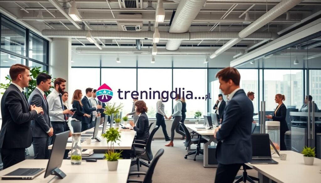 A busy office environment filled with professionals engaging in various activities to promote movement at work. In the foreground, a diverse group of employees in smart business attire are using standing desks, chatting, and stretching. The middle section showcases a bright and airy office space with large windows allowing natural light to flood in, plants on desks for a touch of greenery, and a water cooler encouraging hydration and social interaction. In the background, glass partitions create a collaborative atmosphere, with some employees participating in a walking meeting. The mood is energetic and motivating, highlighting the importance of incorporating simple ways to increase daily activity. The image is well-lit with soft diffused lighting, emphasizing a productive workplace. Brand logo "treningdnia.pl" subtly integrated within the scene.