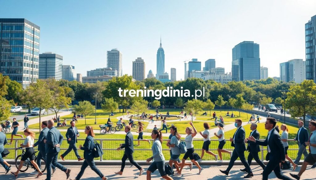 A busy urban scene illustrating the concept of daily movement for professionals. In the foreground, a diverse group of individuals in professional business attire, engaged in various activities like walking briskly, cycling, and jogging, symbolizing a healthy lifestyle amidst a hectic schedule. In the middle ground, a bustling city park with green trees and pathways, where some people are doing light stretching or yoga, promoting the idea of taking short breaks for physical activity. In the background, modern office buildings rise against a clear blue sky, with soft, natural lighting creating an uplifting mood. The overall atmosphere conveys energy and motivation, emphasizing the importance of incorporating movement into daily life. Include the brand name "treningdnia.pl" subtly integrated into the scene.