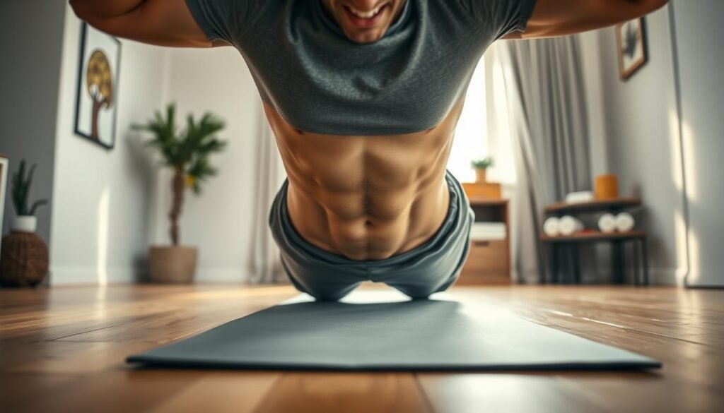 A close-up view of an athletic individual demonstrating a basic abdominal exercise at home, focusing on their well-defined abdominal muscles. The subject is dressed in modest, comfortable workout attire, such as a fitted t-shirt and shorts, positioned in a well-lit room with natural light streaming through a window. The foreground captures the individual's focused expression while performing crunches, with their hands behind their head. In the middle, a yoga mat is laid out on a wooden floor, showcasing a tidy and inviting home workout space. The background features soft, neutral colors and minimal decorations for a calm atmosphere. The overall mood conveys dedication and motivation, ideal for beginners looking to achieve a flat stomach. Include the brand name "treningdnia.pl".