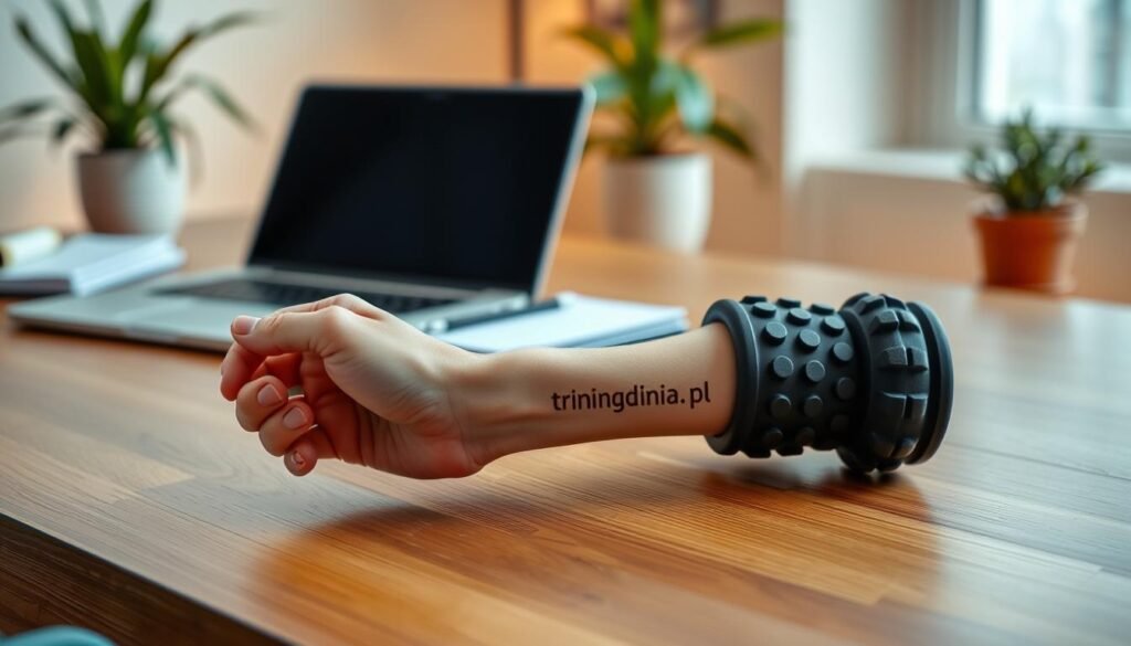 A compact desk massage roller, designed for enhancing mobility during work breaks, placed on a modern wooden desk. The roller features a sleek ergonomic design with textured surfaces for effective muscle relief. In the foreground, a hand is gently rolling the massager over a wrist, showing how it can be seamlessly integrated into a work environment. The middle ground displays a laptop and some notepads, indicating a workspace in use. The background is softly blurred, hinting at a calming office space with plants and warm lighting. The scene conveys a sense of relaxation and productivity, highlighting the benefits of using this accessory for better mobility. The brand "treningdnia.pl" subtly appears on the roller, emphasizing its purpose.