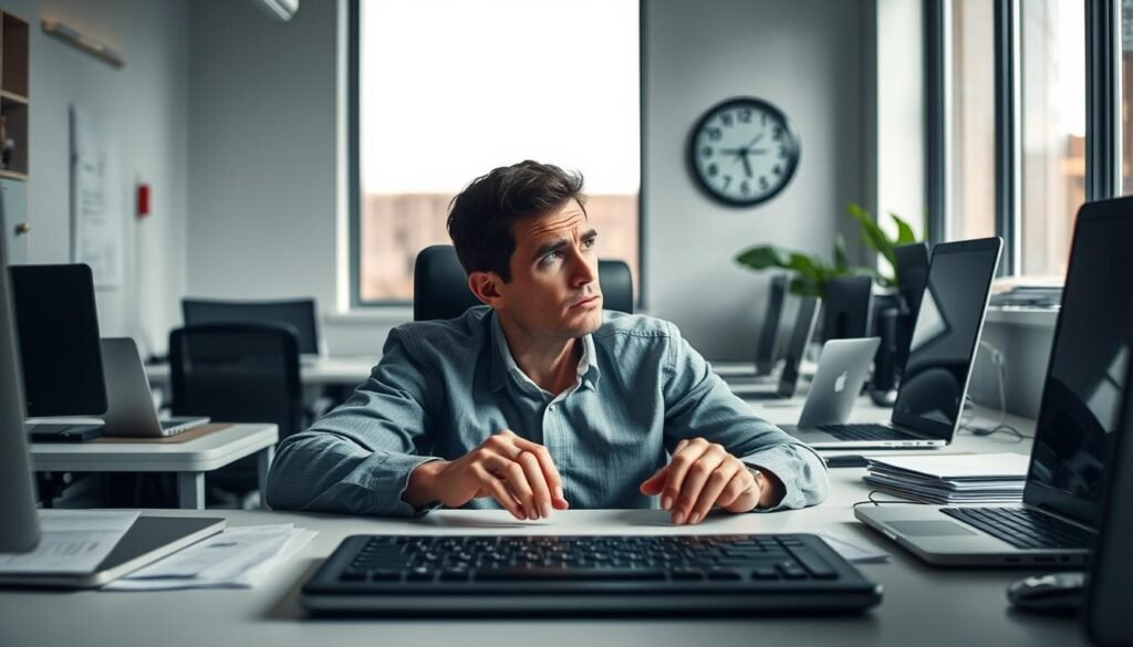 A contemplative individual sitting in a modern, minimalistic office space, surrounded by a clutter-free desk filled with laptops and paperwork, looking pensive and slightly stressed. The foreground features a close-up of their hands resting on the keyboard, symbolizing the strain of prolonged sitting. In the middle, the person gazes out of a large window, which allows soft, natural light to filter in, casting gentle shadows across their face, emphasizing their furrowed brow. In the background, a wall clock ticks quietly, symbolizing time slipping away. The atmosphere conveys a blend of seriousness and introspection, reflecting the mental consequences of a sedentary lifestyle. The image should represent the brand "treningdnia.pl" subtly through the design of the workspace, ensuring a professional look without any text or logos visible.