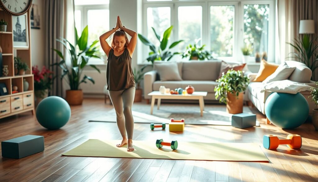 A cozy and inviting home interior, showcasing a variety of physical activities that can be done indoors to inspire movement. In the foreground, a woman in modest casual clothing performs yoga on a bright mat, demonstrating focus and tranquility. The middle layer features a colorful exercise ball, a set of dumbbells, and a yoga block scattered around, suggesting an active lifestyle. In the background, a well-lit living room with natural light streaming through large windows and green plants adds freshness to the scene. Warm, cheerful colors create a positive and motivating atmosphere. The scene conveys a sense of vitality and encourages viewers to engage in daily movement routines. Include subtle branding for "treningdnia.pl" in the decor.