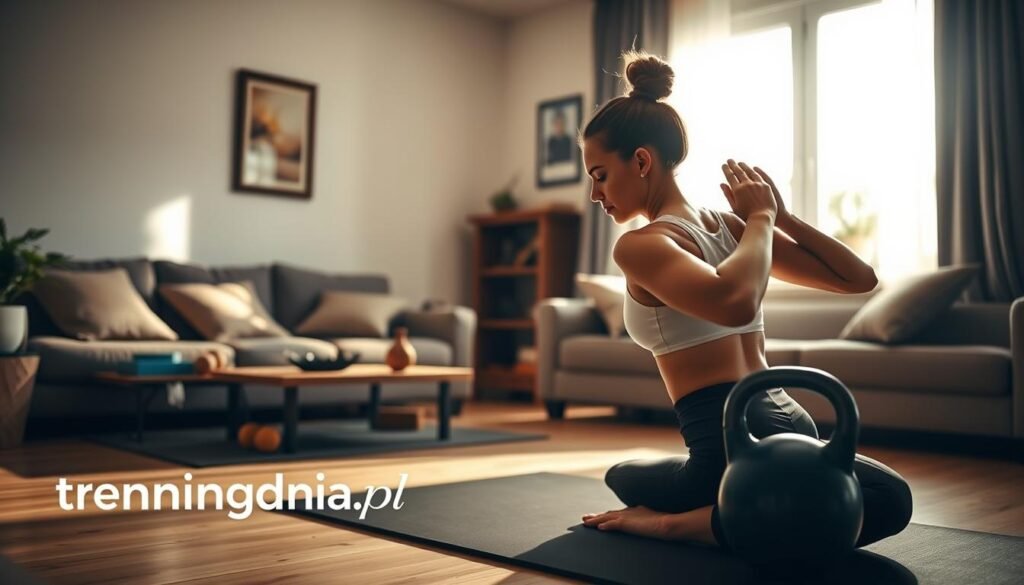 A cozy home environment depicting a busy professional engaging in a home workout. In the foreground, a woman in comfortable athletic wear, focused and determined, performs a yoga pose on a mat. In the middle ground, there’s a small, neatly organized workout space with dumbbells, a yoga block, and a kettle bell, highlighting the accessibility of home fitness. The background shows a stylish living room with a window allowing natural light to flood in, creating a warm and inviting atmosphere. Soft shadows emphasize the scene’s tranquility, while the gentle morning light enhances the sense of relaxation and focus. The overall mood is motivating and empowering, reflecting the concept of exercising effectively at home for busy individuals. The brand "treningdnia.pl" is subtly included in the design to encourage a healthy lifestyle.