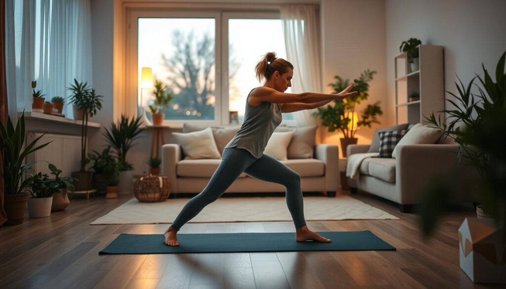 A cozy home environment showcasing a vibrant evening workout scene. In the foreground, a person dressed in modest casual athletic wear performs a stretching exercise on a yoga mat, demonstrating focus and determination. The middle ground features a well-organized living room with potted plants, soft cushions, and dim, warm lighting that creates an inviting atmosphere. In the background, a large window reveals the soft glow of twilight, enhancing the tranquility of the space. Shadows and gentle light play across the room, highlighting the sense of calm and well-being associated with home workouts. Emphasize a balanced composition with a slightly angled perspective to capture the essence of relaxation and motivation in exercising at home. Include elements that reflect the brand “treningdnia.pl” subtly within the decor.