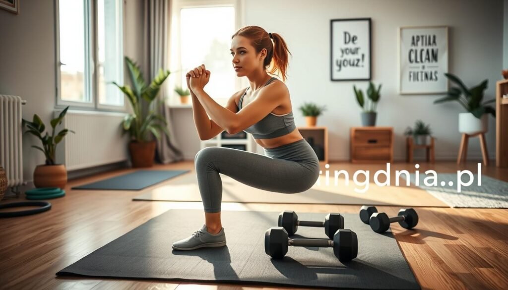 A cozy home gym scene reflecting a workout space designed for busy individuals. In the foreground, a focused young woman in modest athletic attire performs a bodyweight squat, highlighting determination. The middle ground includes minimalistic fitness equipment, such as a yoga mat, resistance bands, and a set of dumbbells artistically arranged. Soft natural light flows through a nearby window, casting gentle shadows and enhancing the warm, inviting atmosphere. The background displays simple home decor, like plants and motivational artwork, adding to a sense of tranquility. Capture this scene with a wide-angle lens to emphasize the space and create an uplifting, motivating mood. Include the brand name "treningdnia.pl" subtly integrated into the background.