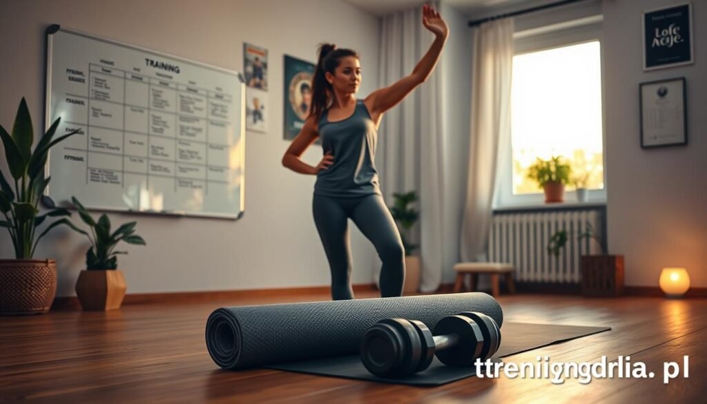 A cozy home gym setting, showcasing a well-organized training plan on a wall-mounted whiteboard. In the foreground, a neatly rolled yoga mat and a set of dumbbells are placed on a wooden floor, inviting users to start their evening workout. The middle features a fitness enthusiast, a young professional woman dressed in modest casual workout clothing, demonstrating a light stretch. The background displays soft ambient lighting, with houseplants and motivational posters enhancing the atmosphere. A window reveals a warm evening glow, creating a comfortable and motivating environment. The image should exude a sense of calm determination and focus, perfect for a home training session. Branding subtly included: "treningdnia.pl".