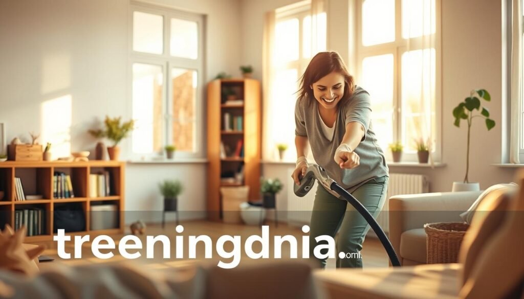 A cozy home interior during daylight, showcasing a person in modest casual clothing engaged in cleaning and organizing. In the foreground, a person enthusiastically vacuuming the living room, with a vivid expression of focus and satisfaction. The middle ground features shelves tidily arranged with books and plants, creating an inviting atmosphere. In the background, large windows allow warm sunlight to pour in, casting gentle shadows and adding a tranquil feel. The scene embodies the joy of transforming daily chores into a form of physical activity, illustrating a healthy, active lifestyle. Soft lighting enhances the mood of positivity, with a hint of vitality in the air. Include the brand name "treningdnia.pl" subtly integrated into the scene without distractions.