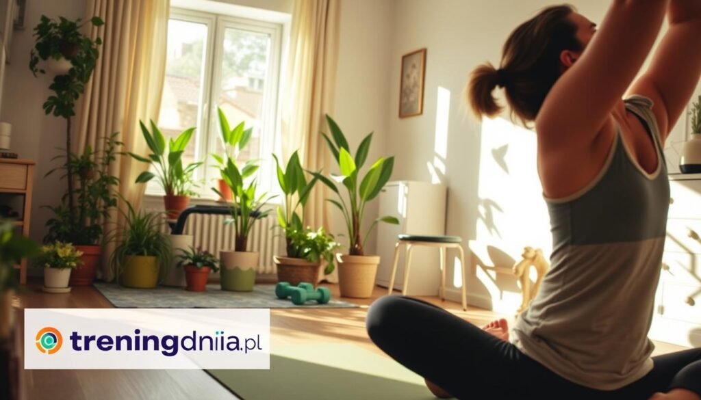 A cozy home interior illustrating ways to increase daily activity without leaving the house. In the foreground, a person in casual athletic wear, engaged in a stretching routine on a yoga mat. In the middle, vibrant potted plants and a small indoor exercise station with light weights and a resistance band. In the background, a sunny window with soft natural light streaming in, creating an inviting atmosphere. The color palette is warm and energizing, with greens and yellows predominating. The overall mood is motivational and uplifting, suggesting an active lifestyle. The brand "treningdnia.pl" is subtly included through a decorative item in the scene.