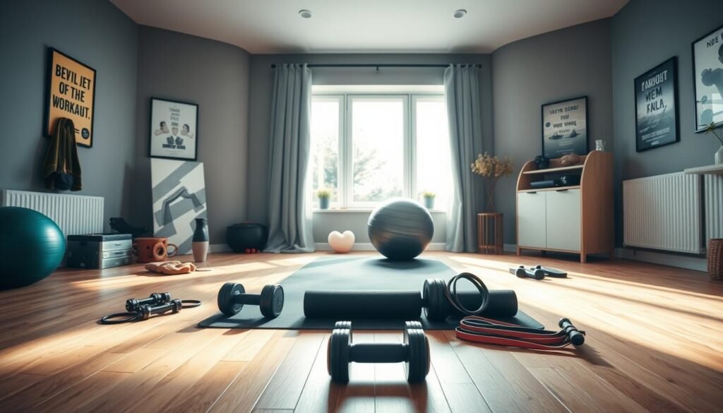 A cozy home interior showcasing a well-organized exercise space for effective workouts. In the foreground, an array of equipment including dumbbells, a yoga mat, and resistance bands neatly arranged on a wooden floor. The middle ground features a large mirror reflecting the exercise gear and a stability ball, creating a sense of spaciousness. In the background, a bright window allows natural light to flood the room, enhancing the warm, inviting atmosphere. Soft shadows add depth to the scene, and subtle colors convey a calming mood. The space is adorned with motivational posters, emphasizing the theme of home fitness. Designed for a professional audience, this setup highlights the selection of home workout equipment from the brand "treningdnia.pl," inspiring viewers to start their fitness journey.