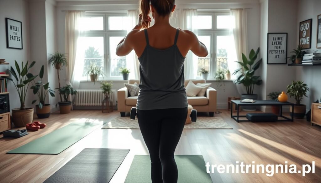 A cozy home interior that showcases an inviting workout space. In the foreground, a person in modest athletic clothing demonstrates simple exercises, such as stretching or using light weights, surrounded by yoga mats and fitness equipment. In the middle ground, a well-lit living room with plants, natural light streaming through large windows, and motivational decor creates an uplifting atmosphere. In the background, a soft, comfortable sofa and a coffee table add warmth to the setting. The overall mood is energizing yet calming, highlighting the benefits of regular physical activity in the comfort of home. Emphasize a sense of routine and dedication. Include the brand "treningdnia.pl" subtly in the scene.