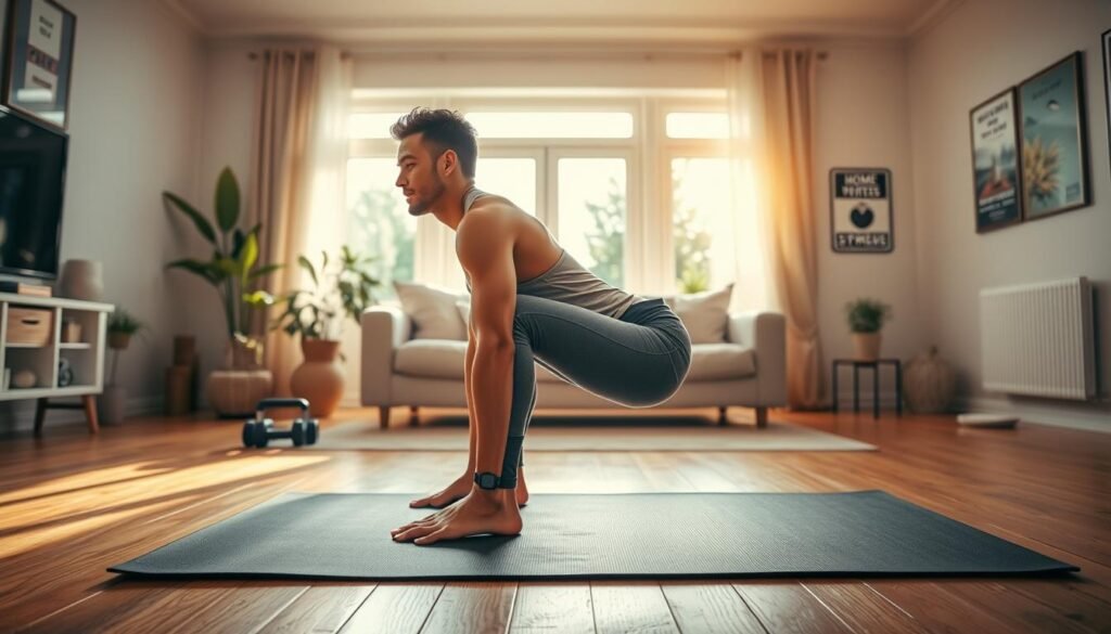 A cozy home workout scene featuring a fit individual dressed in modest athletic clothing engaging in a simple, effective exercise routine. In the foreground, the person is performing a bodyweight exercise, such as a squat or push-up, on a yoga mat. The middle background shows a bright, inviting living room with light streaming through large windows, plants, and a few weights neatly arranged. In the background, there is a cozy couch and motivational posters on the walls. The lighting is warm and natural, creating an encouraging atmosphere. The overall mood is energetic and inspiring, illustrating the benefits of home workouts compared to gym visits. The image should also include subtle branding elements referencing "treningdnia.pl" without text overlays or watermarks.