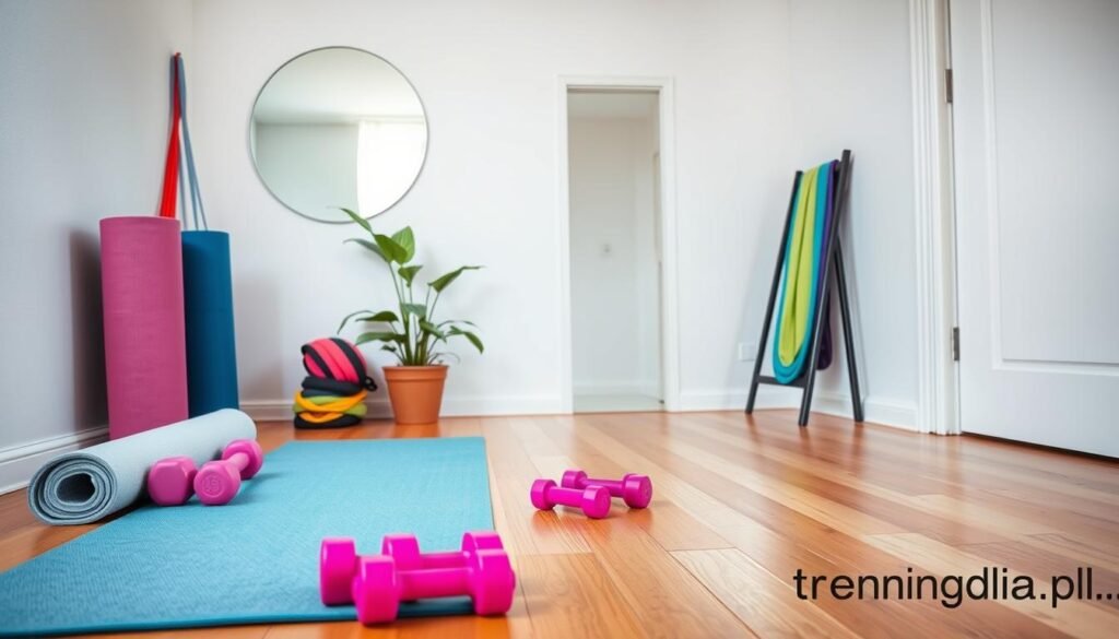 A cozy home workout space, designed for women, featuring a neatly organized corner with yoga mats, dumbbells, and resistance bands. In the foreground, a soft, colorful yoga mat lays on a polished wooden floor, with vibrant pink and purple dumbbells placed beside it. In the middle, a wall-mounted mirror reflects the space, enhancing the feeling of openness, while a potted plant adds a touch of greenery. In the background, a large window floods the area with natural light, creating a bright and inviting atmosphere. The scene conveys a sense of calm and motivation, perfect for home training. The environment should feel tailored and welcoming, aligning with the concept of effective home workouts without expensive equipment. Include the subtle watermark "treningdnia.pl" in the corner.