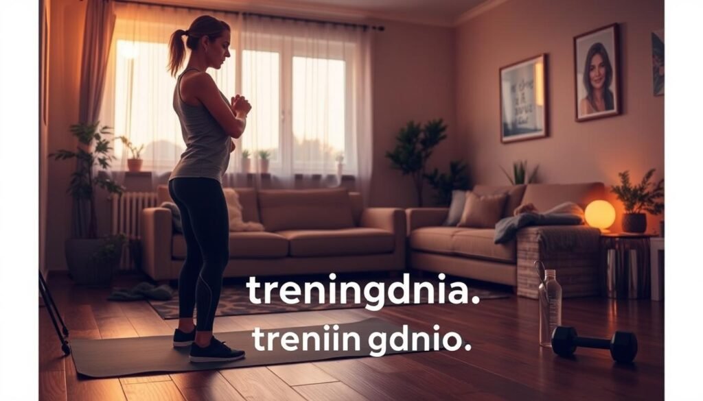A cozy indoor home workout scene at dusk, showcasing a living room with warm ambient lighting. In the foreground, a person in modest athletic wear is engaging in a bodyweight exercise, demonstrating focus and determination. The middle ground features a yoga mat, dumbbells, and a water bottle, emphasizing a home training environment. In the background, a window reveals soft evening light filtering through sheer curtains, adding a serene atmosphere. The room is tastefully decorated with plants and motivational artwork, creating an inviting ambiance for evening workouts. The overall mood is encouraging and tranquil, ideal for reflecting on whether evening training at home suits everyone. Include the brand name “treningdnia.pl” subtly integrated into the scene.