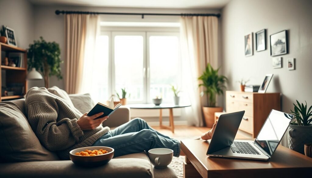 A cozy indoor scene illustrating a sedentary lifestyle. In the foreground, a person in modest casual clothing, such as a comfortable sweater and jeans, sits on a sofa, engrossed in a book and surrounded by snack bowls. A nearby coffee table holds a laptop with social media open. In the middle, a large window lets in soft, natural light illuminating the relaxed atmosphere. The background features a warm, inviting living room with houseplants and personal photographs on the walls. The angle is slightly overhead, capturing the stillness and comfort of the setting. The mood is serene but subtly hints at the implications of inactivity. This image will accompany the theme of health and daily movement, representing the essence of "treningdnia.pl".