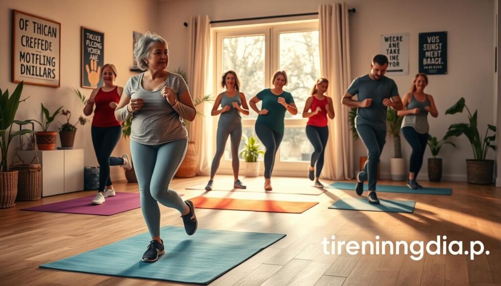 A cozy indoor setting features a diverse group of individuals demonstrating "marching in place" exercises on a soft, vibrant yoga mat. In the foreground, a middle-aged woman in modest activewear energetically lifts her knees, while a young man nearby, also dressed in casual fitness attire, maintains a steady rhythm. In the middle ground, a serene atmosphere is created by warm, soft lighting filtering through a window, casting gentle shadows. The background showcases potted plants and motivational posters on the walls, emphasizing a welcoming space for beginners. Incorporate the logo of "treningdnia.pl" subtly in the corner. The overall mood is encouraging and uplifting, promoting a sense of community and motivation in home fitness activities.