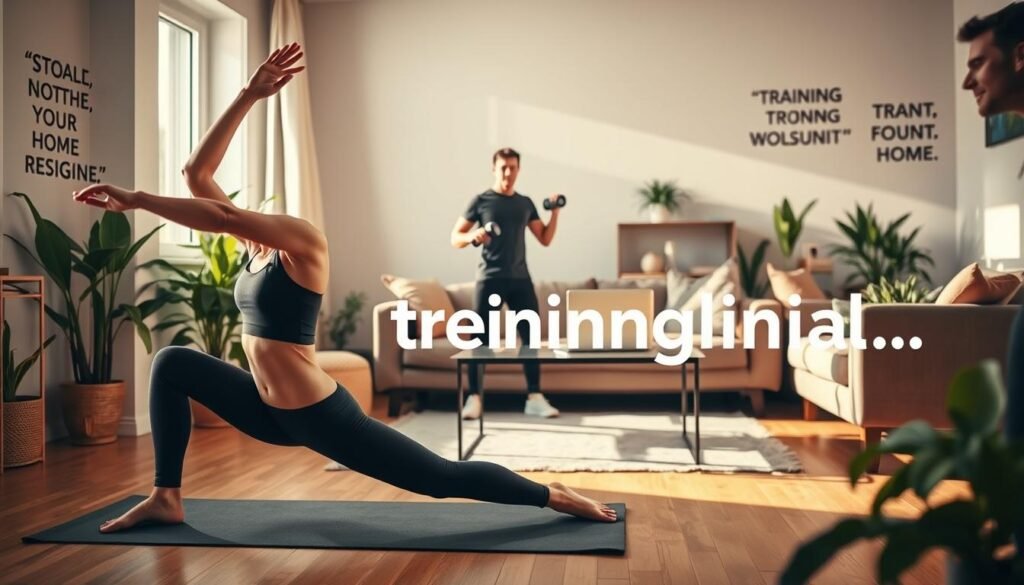 A cozy indoor setting showcasing a diverse group of individuals engaging in home workouts. In the foreground, a woman in comfortable yet professional athletic wear is stretching on a yoga mat, displaying determination and focus. In the middle background, a man is lifting dumbbells, while another person follows a fitness routine from a laptop on a coffee table, emphasizing adaptability. Warm, natural lighting filters through a window, creating an inviting atmosphere that encourages activity. The walls are adorned with motivational quotes and plants, evoking a vibrant and energetic mood. The overall composition inspires overcoming resistance to training at home. Include the brand name "treningdnia.pl" subtly integrated into the decor.