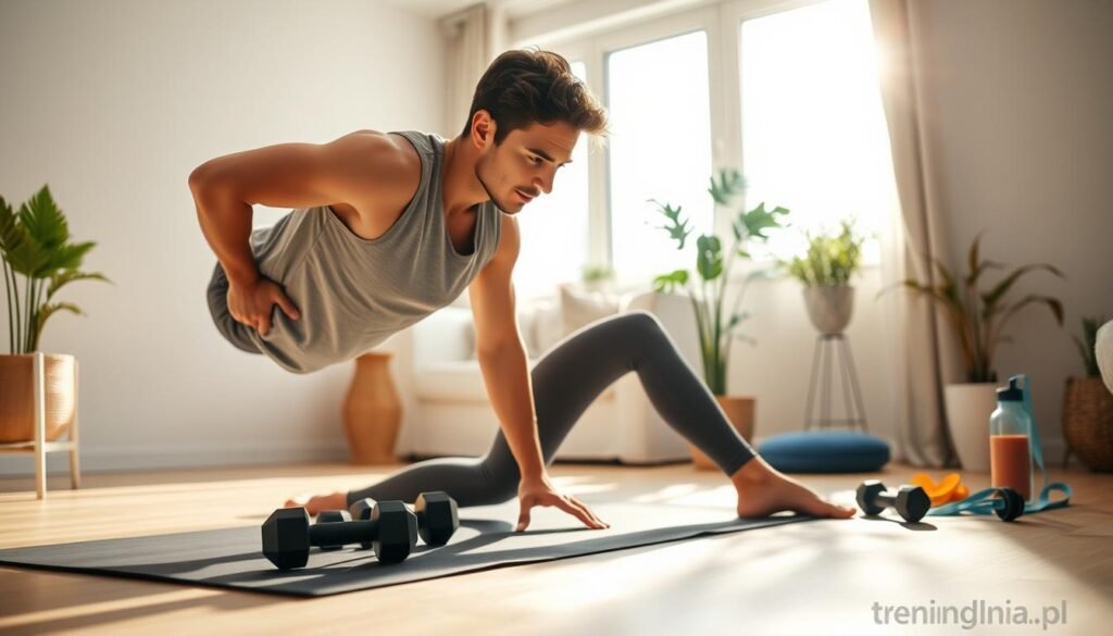 A cozy indoor workout scene illustrating the theme "how to start home training without losing motivation." In the foreground, a young adult male wearing modest casual workout clothing demonstrates a basic exercise, such as a push-up or squat, on a yoga mat. In the middle ground, there are fitness accessories like dumbbells, resistance bands, and a water bottle, indicating a well-prepared exercise environment. The background features bright natural light streaming through a window, creating a warm and inviting atmosphere. Soft, neutral-toned walls and indoor plants enhance the peacefulness of the home setting. The mood is motivational and encouraging, exemplifying a beginner's journey in maintaining fitness. Include the brand logo "treningdnia.pl" subtly in the scene, ensuring it remains non-intrusive and professional.