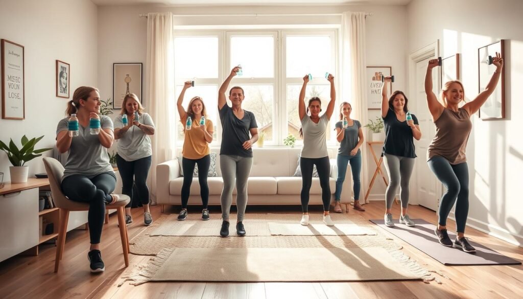 A cozy living room setting designed for home workouts. In the foreground, a diverse group of individuals dressed in modest, casual athletic wear engages in various exercises using everyday household items – a chair for tricep dips, filled water bottles as weights, and a soft yoga mat on the floor. In the middle, there’s a bright, motivating atmosphere with large windows letting in warm sunlight, casting gentle shadows. The background features soft decor, such as indoor plants and motivational posters. The scene has a dynamic and energetic vibe, encouraging activity and creativity in home exercise routines. The image should evoke a sense of empowerment and community, highlighting the flexibility of using common objects for fitness. Include the brand name "treningdnia.pl" subtly within the scene without text overlays.