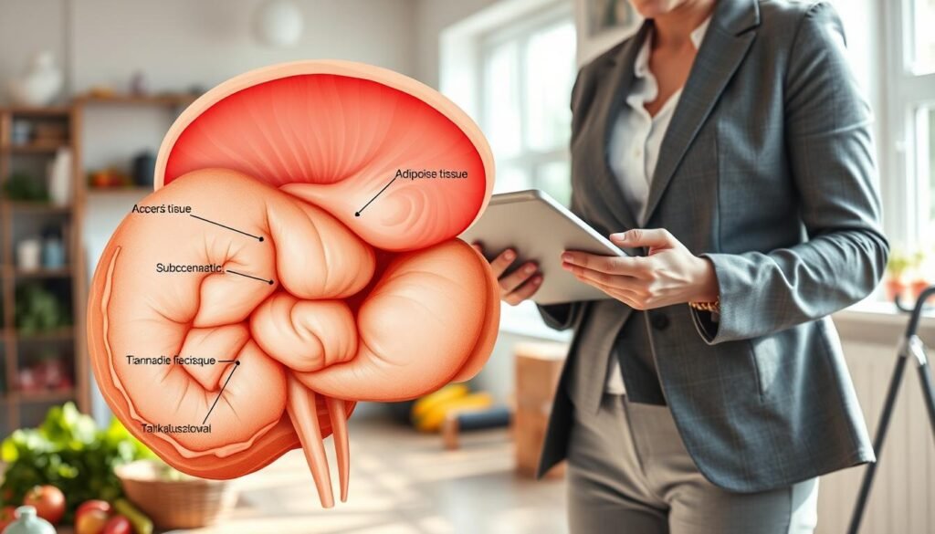A detailed anatomical illustration of adipose tissue (tkanka tłuszczowa) prominently displayed in the foreground, showcasing various forms such as subcutaneous and visceral fat, intricately labeled for educational purposes. In the middle ground, a professional nutritionist, dressed in smart, modest casual clothing, analyzes the adipose tissue structure with a digital tablet in hand, symbolizing the importance of personalized diet plans in the battle against obesity. The background features a softly focused health-themed environment, with elements like fruits, vegetables, and exercise equipment subtly hinting at a balanced lifestyle. The lighting is bright and natural, emphasizing clarity and focus on the subject. The atmosphere conveys a sense of hope and empowerment, aligned with the mission of treningdnia.pl.