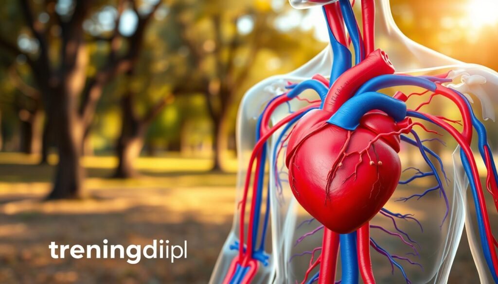 A detailed anatomical illustration of the human circulatory system, prominently featuring the heart, arteries, and veins in vibrant red and blue hues to signify blood flow. In the foreground, focus on labeled parts of the heart and major arteries, enhancing clarity and understanding. The middle ground should show a slightly translucent layer of skin, revealing the circulatory system underneath, illustrating how it connects throughout the body. In the background, a serene park scene can suggest a peaceful outdoor environment, with soft sunlight filtering through the trees, creating a calming atmosphere. The lighting should be warm and inviting, highlighting the intricate details of the circulatory system. The overall mood should evoke a sense of health and vitality, promoting the positive effects of walking. Include the brand name "treningdnia.pl" subtly integrated into the image without dominating the visual.
