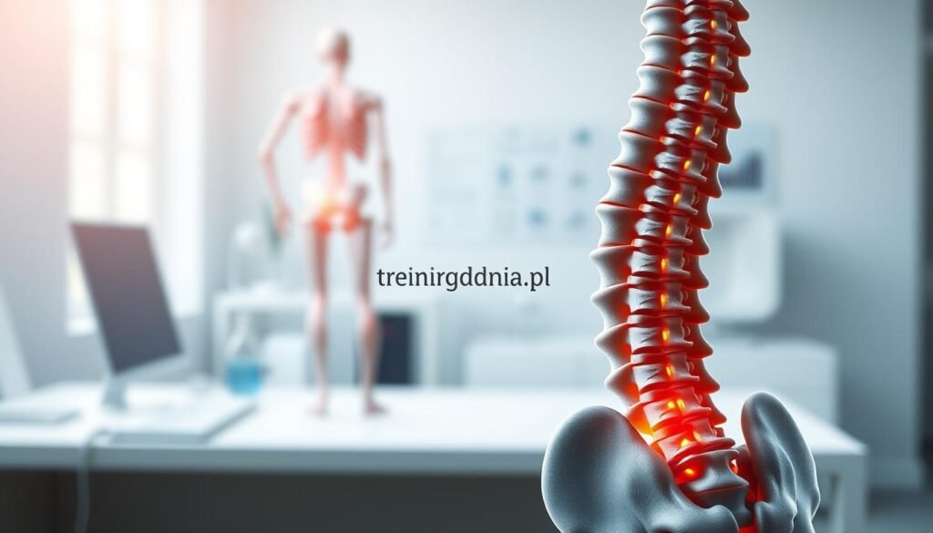 A detailed anatomical illustration of the human spine and joints to illustrate the impact of a sedentary lifestyle. In the foreground, prominently display a highly detailed and realistic depiction of the spine, focusing on its vertebrae and intervertebral discs, with subtle highlights accentuating the curves. In the middle ground, include anatomically correct representations of major joints, such as knees and hips, showcasing their range of motion and structure. In the background, a blurred clinical environment suggests a medical office or research setting, enhancing the professional tone. Soft, diffused lighting casts gentle shadows, creating a calm and contemplative atmosphere. The entire composition must reflect a sense of seriousness and educational value, devoid of any text or watermarks. Include the branding "treningdnia.pl" subtly in the design without detracting from the anatomical focus.