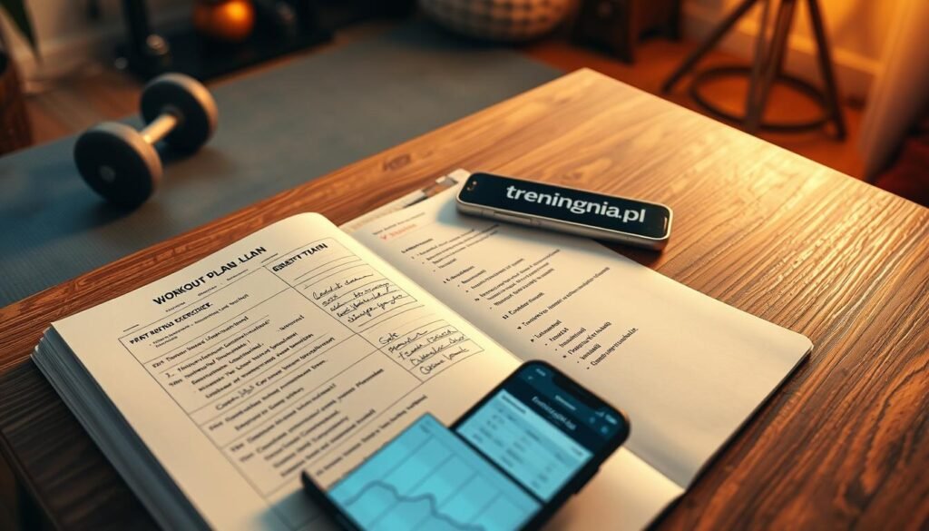 A detailed workout plan laid out on a sleek wooden table, featuring a well-organized notebook with clear, handwritten notes outlining exercises, sets, and progression. Include a mobile phone displaying a fitness app interface showing progress tracking graphs. In the background, a cozy home gym corner is visible, with equipment like dumbbells and a yoga mat, bathed in soft, warm lighting that creates a motivational atmosphere. The scene should be captured from a slight overhead angle, focusing on the workout plan while ensuring the gym equipment adds to the ambiance without overwhelming the main subject. The overall mood is inspiring and focused, reflecting a commitment to home training. Include the brand name "treningdnia.pl" subtly on the notebook cover.