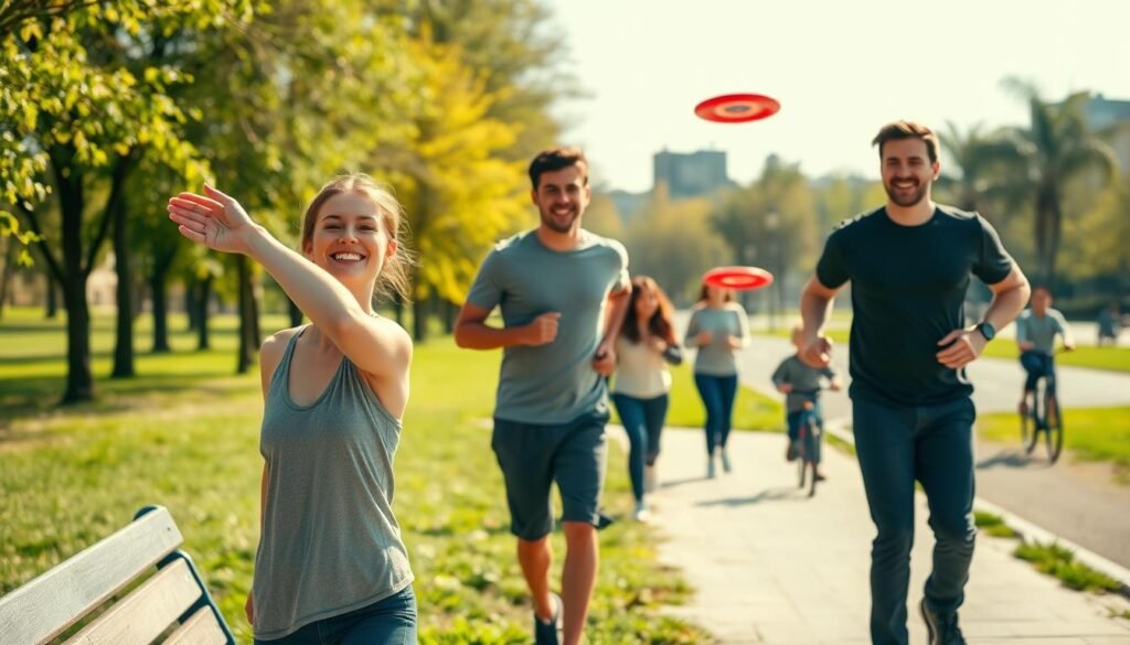A diverse group of people engaging in various simple physical activities to incorporate movement into their daily lives. In the foreground, a smiling young woman is stretching near a park bench, wearing modest athletic attire. In the middle ground, a man jogs along a scenic path lined with trees, while a family is playing catch with a frisbee. In the background, a peaceful urban park scene features walking paths and people biking, all under warm, natural sunlight that creates a cheerful atmosphere. The image should convey a sense of energy, community, and accessibility, showcasing that staying active can be fun and attainable for everyone. The visual representation should reflect the message of "treningdnia.pl", emphasizing practical ways to include movement in a busy schedule without a gym membership.