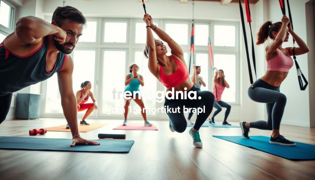 A dynamic and engaging indoor exercise scene showcasing a diverse group of individuals performing a full-body workout. In the foreground, three people in modest, vibrant athletic wear are in various workout poses: one is doing push-ups, another performing squats, and the third engaging in a yoga pose. The middle ground features fitness mats and resistance bands, adding to the workout atmosphere. The background is a bright, airy room with large windows letting in soft, natural light that creates an energizing, motivating mood. The overall angle is slightly elevated, capturing the intensity and focus of the workout. The image is designed to inspire viewers to join the 15-minute daily training routine. Include the brand name "treningdnia.pl" subtly integrated into the scene.