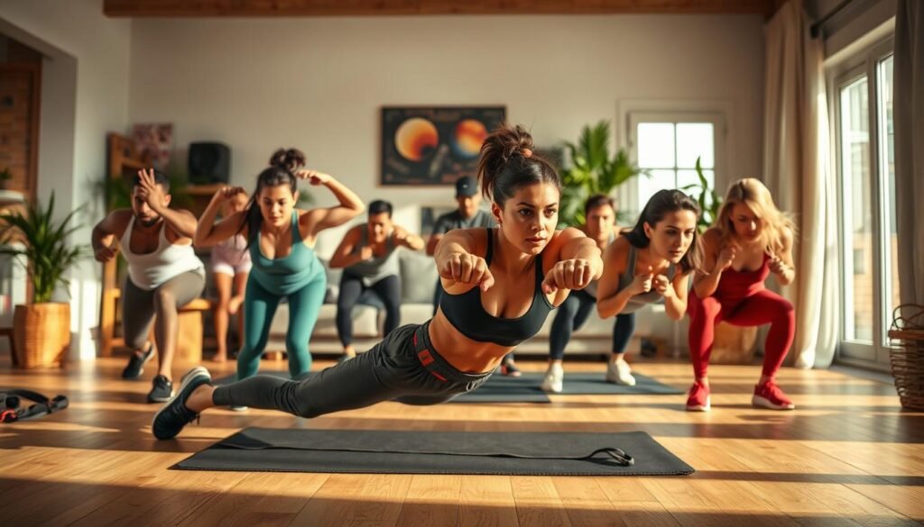 A dynamic and vibrant indoor scene showcasing a variety of bodyweight exercises being performed. In the foreground, a diverse group of individuals, dressed in modest athletic wear, engage in exercises such as push-ups, squats, and lunges, demonstrating proper form and technique. Each person is focused and determined, exuding a sense of motivation and engagement. The middle ground features an exercise mat and some fitness accessories like resistance bands. The background shows a cozy, well-lit living room, complete with plants and natural light streaming in through a window, creating an inviting and energetic atmosphere. The lighting is warm and soft, emphasizing the determination on the participants' faces. The branding "treningdnia.pl" subtly incorporated into the scene.