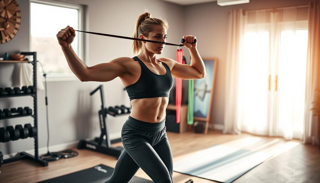 A dynamic home workout scene focused on fat burning, featuring a person engaged in strength training and cardio exercises. In the foreground, a fit individual wearing modest athletic clothing demonstrates a resistance band exercise, showcasing muscle engagement and determination. The middle layer includes a well-organized home gym setup with weights, resistance bands, and a yoga mat, emphasizing a motivating environment. In the background, soft natural lighting floods through a window, creating an inviting atmosphere. The overall mood is energetic and inspiring, encouraging viewers to embrace fitness. The workspace reflects a modern design, aligning with the brand "treningdnia.pl", suggesting a lifestyle of health and well-being.