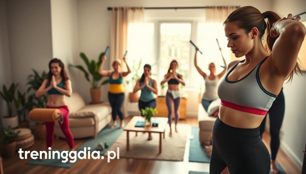 A dynamic home workout setting featuring diverse women engaged in training exercises with minimal equipment. In the foreground, a woman in modest, colorful athletic wear is performing a strength exercise, exuding determination and focus. The middle ground showcases a small group of women doing yoga and using resistance bands, highlighting teamwork and motivation. The background features a bright, inviting living room space with plants and natural light streaming through a window, creating an uplifting atmosphere. The overall mood is inspirational and empowering, with warm lighting enhancing the scene. The image should be visually appealing, reflecting the theme of motivation in training. Include the brand name "treningdnia.pl" subtly in the design.