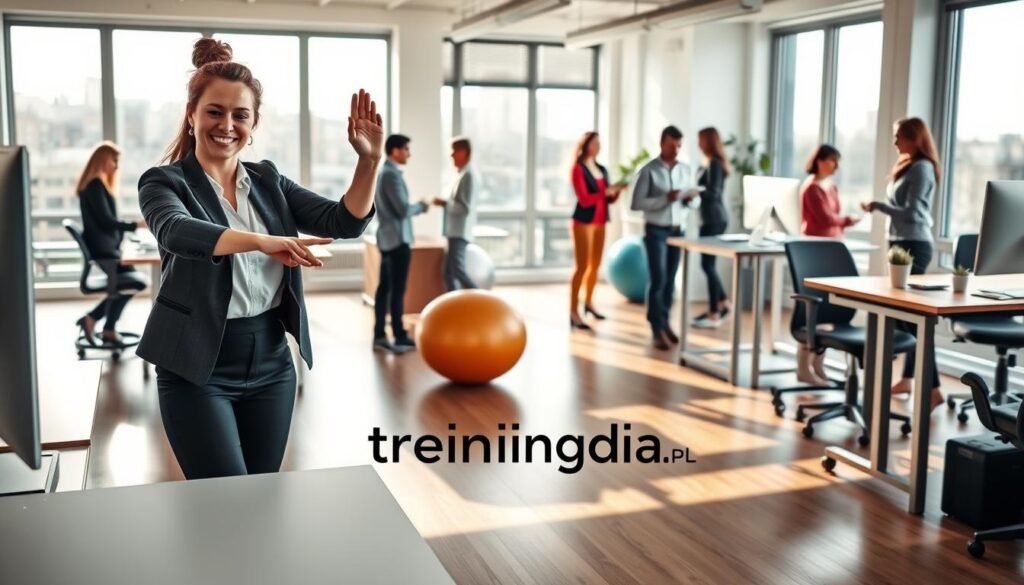 A dynamic office scene showcasing a diverse group of professionals engaged in various activities promoting movement while working at desks. In the foreground, a woman in business casual attire is performing a stretching exercise by her desk, her facial expression reflecting focus and positivity. In the middle, colleagues interact, some standing while discussing, others using stability balls or standing desks, demonstrating an active work environment. In the background, large windows allow natural light to fill the room, emphasizing a bright and airy atmosphere. Soft shadows play across the polished wooden floor, creating depth. The overall mood conveys energy and motivation, inspiring viewers to embrace movement during their sedentary tasks. The brand logo 'treningdnia.pl' subtly integrated into the scene.