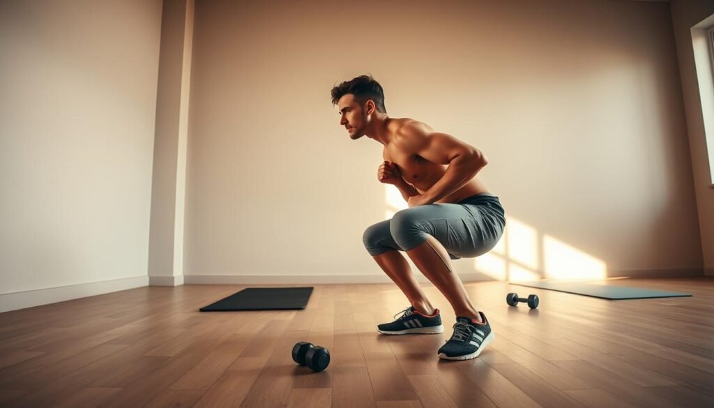 A fit individual performing wall squats, emphasizing proper form and technique. The scene captures a well-lit, spacious room with a smooth wall against which the person is leaning. The foreground focuses on the individual in casual athletic attire, showcasing their determination and concentration. In the middle ground, there are exercise mats and a few small weights scattered, suggesting a fitness environment. The background features soft, natural light streaming in through a large window, creating a warm and inviting atmosphere. The composition is taken at eye level to highlight the execution of the exercise, conveying an inspiring and motivational mood. Ideal for illustrating strength-building exercises, to promote a healthy lifestyle. Branding: treningdnia.pl.