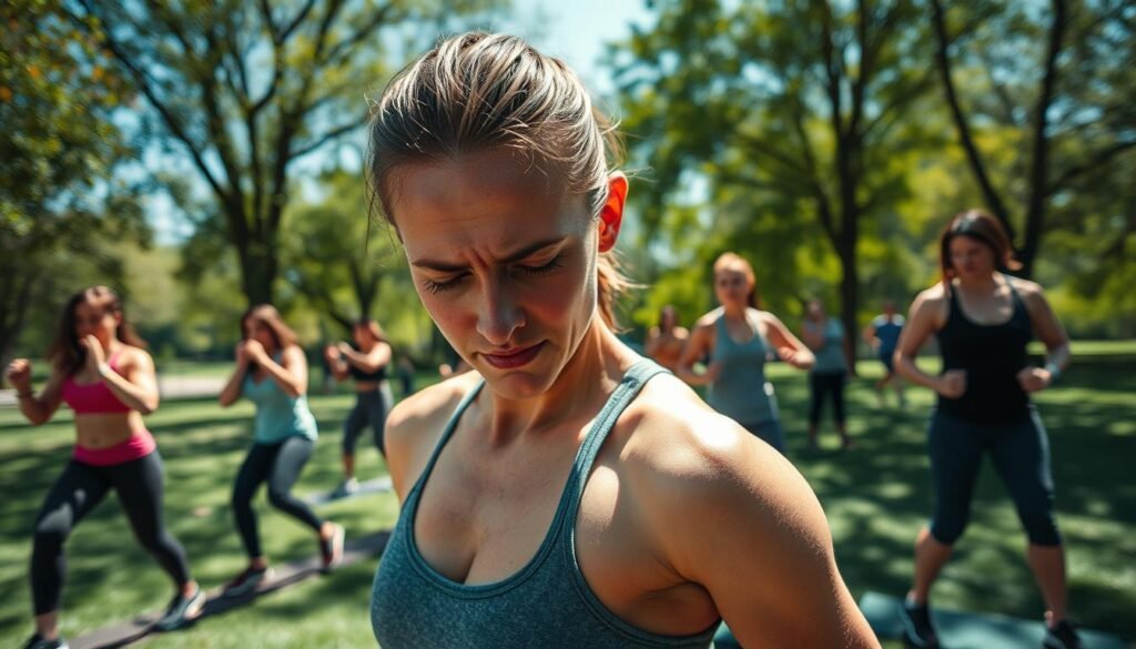 A fitness enthusiast in modest activewear struggles with intense physical exertion in a vibrant park setting. In the foreground, sweat drips from their forehead as they push against the limits of their strength, showcasing determination and focus. Surrounding them in the middle ground, other individuals engage in various workouts, highlighting the energy and motivation of a healthy lifestyle. In the background, lush greenery and bright blue skies create an uplifting atmosphere, but shadows darken small spots, representing the hidden pitfalls of overexertion. The lighting is bright yet soft, suggesting mid-morning sunlight filtering through the trees, with a slightly blurred depth of field to emphasize the main subject. The overall mood captures both the challenge and the beauty of physical activity, as reflected by the brand "treningdnia.pl".