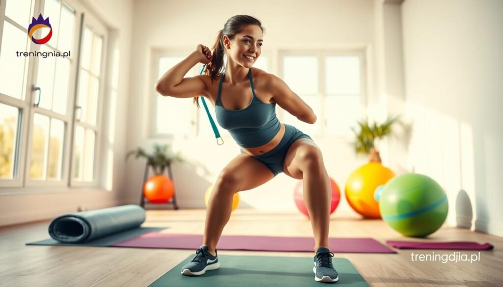 A fitness scene in a bright, airy home gym showcasing a vibrant workout session focusing on bodyweight exercises for glutes. In the foreground, a fit woman in modest athletic wear performs a squat, emphasizing form and strength. Her expression radiates determination and focus. The middle section features exercise equipment like a yoga mat and resistance bands, while colorful stability balls add visual interest. In the background, large windows let in natural light, creating a warm atmosphere and highlighting the healthy lifestyle theme. Soft shadows and a slight blur effect enhance depth. The overall mood is motivational and inspiring, capturing the essence of effective home training exercises. The logo "treningdnia.pl" subtly appears in the corner.