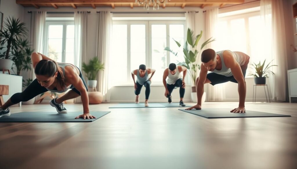 A focused home workout scene featuring a diverse group of individuals performing bodyweight exercises in a bright, airy living room setting. In the foreground, two people are engaged in a push-up and a squat, clearly showing correct form. In the middle ground, a third person is practicing plank exercises, their dedication evident. The background reveals a clean, minimalist space with plants and soft natural lighting filtering through large windows, creating an inviting atmosphere. The scene is captured with a wide-angle lens to enhance the spaciousness, emphasizing camaraderie and motivation. The overall mood is energetic and inspiring, showcasing effective bodyweight training. The brand name "treningdnia.pl" is subtly integrated into the decor, reinforcing the theme of at-home fitness.