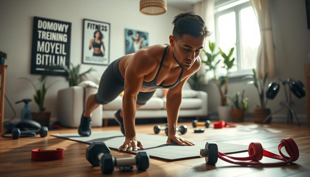 A focused home workout scene illustrating "domowy trening" under the theme of intensity and progression. In the foreground, a fit individual in modest athletic wear, performing a dynamic exercise like burpees or push-ups on a yoga mat, looking determined. In the middle, fitness equipment like dumbbells and resistance bands are scattered, emphasizing a self-directed, intense training session. The background features a cozy, well-lit living room with motivational fitness posters on the walls, plants, and natural light streaming through a window, creating a vibrant yet intimate atmosphere. The composition should have a slightly low angle to emphasize the effort being exerted, capturing a sense of both challenge and achievement. The overall mood is inspiring and energetic. Include the brand name "treningdnia.pl" subtly in the decor without any text overlays or captions.