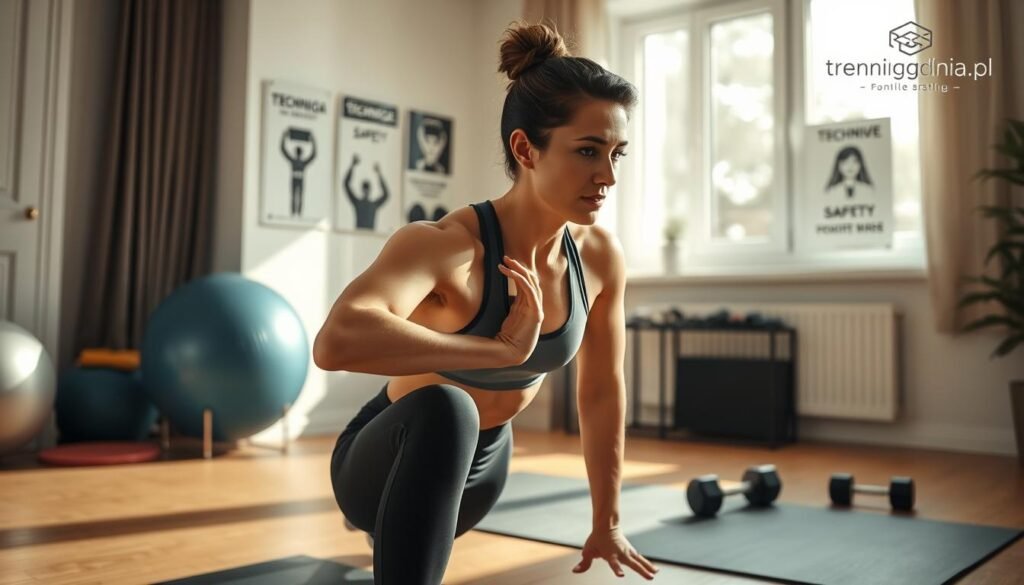 A focused home workout scene that captures the essence of "technika" and safety during self-exercise. In the foreground, a fit individual in modest activewear demonstrates a proper exercise technique, such as a squat or plank, showcasing best practices. Their expression is one of concentration and determination. In the middle ground, a well-organized home gym setting features stability balls, dumbbells, and a yoga mat, indicating a safe and inviting atmosphere for exercise. Soft, natural lighting filters through a large window, creating an uplifting ambiance. In the background, motivational posters on the wall, emphasizing technique and safety, enhance the scene. The overall mood is encouraging and inspiring, reflecting a commitment to health. Include a subtle logo of "treningdnia.pl" in the corner to tie the image to the theme of fitness and personal training.