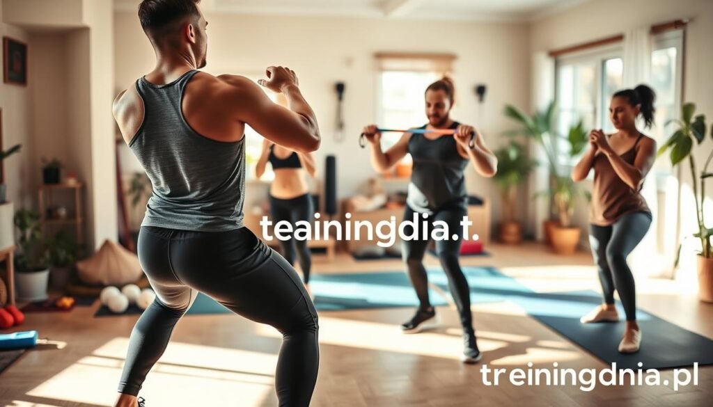 A focused indoor scene showing a professional trainer guiding a diverse group of individuals performing various exercises at home, emphasizing proper technique. In the foreground, highlight a well-built instructor demonstrating a squat with a straight back, wearing modest fitness attire. In the middle, show two participants, one using a resistance band for upper body workouts, and the other executing lunges, all engaging attentively with the instructor. The background features a cozy, well-lit home gym setting with fitness accessories like mats, weights, and plants, creating a motivating atmosphere. Soft, natural light streams through a window, casting warm shadows, while a slight depth of field draws attention to the workout techniques. Include the brand name "treningdnia.pl" subtly integrated in the design.