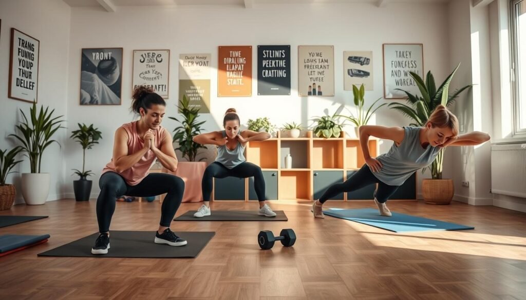 A focused indoor training scene showcasing proper exercise techniques. In the foreground, a diverse group of three individuals are demonstrating different exercises, dressed in modest, comfortable workout clothing. One person performs a squat with perfect form, the second is showing correct push-up posture, and the third is in a plank position, all emphasizing correct form. In the middle ground, fitness mats and dumbbells are neatly arranged, while the background features a well-lit room with motivational posters and plants, creating a warm and inviting atmosphere. Natural light streams in through a window, casting soft shadows. The overall mood is encouraging and educational, capturing the essence of effective home workouts, branded subtly with "treningdnia.pl" in the corner of the scene.