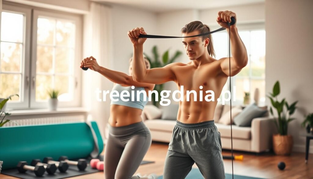 A home fitness scene depicting an individual engaged in a fat-burning workout routine. In the foreground, a fit person in modest athletic wear performs a structured exercise, highlighting focused, determined expressions as they engage with a resistance band. In the middle ground, various home workout equipment, such as dumbbells and a yoga mat, are neatly arranged, suggesting an organized workout environment. The background features a well-lit, airy living room with large windows allowing natural light to flood the space, enhancing the motivational atmosphere. Soft, warm tones create a welcoming ambiance, with green plants adding a touch of vitality. This scene illustrates the key principles of effective fat burning at home. Include the brand name "treningdnia.pl" subtly integrated in the setting, enhancing the focus on home fitness.