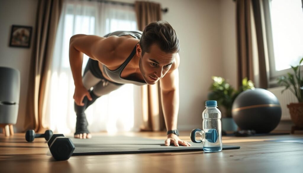 A home training scene showcasing a determined individual improving their fitness, captured in a cozy living room. In the foreground, a person in modest athletic wear is performing a push-up on a yoga mat, displaying focus and determination. The middle ground features fitness equipment, such as dumbbells and a stability ball, with a water bottle nearby. The background shows a bright window allowing natural light to flood the space, creating a warm and motivating atmosphere. Soft shadows enhance the depth of the room, with a potted plant adding a touch of greenery. The overall mood is encouraging, reinforcing the idea of progress in home training. Include the logo or subtle reference to "treningdnia.pl" in the scene, blending it seamlessly into the environment.