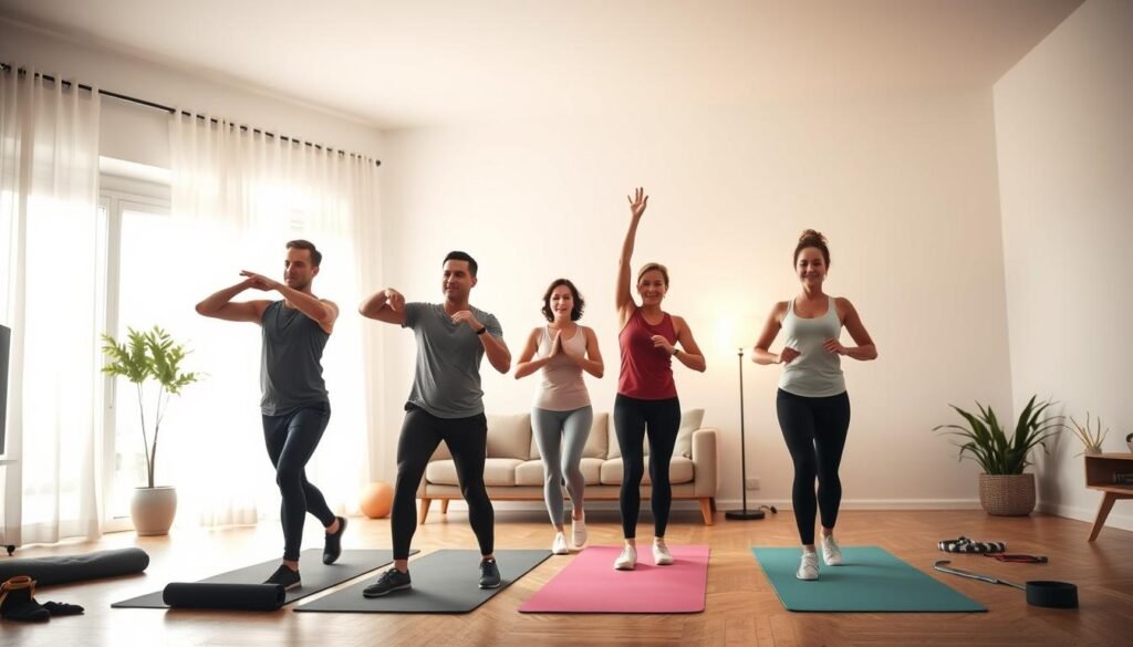 A home workout scene focusing on the importance of warming up before training. In the foreground, a diverse group of three individuals in modest athletic attire is demonstrating various warm-up exercises, such as dynamic stretches and mobility drills. The middle ground features exercise equipment like yoga mats and resistance bands, enhancing the workout atmosphere. In the background, a bright and inviting living space with large windows allows natural light to illuminate the scene, creating a warm ambiance. The overall mood is energetic and motivational, emphasizing the need for proper muscle preparation. The composition should be dynamic, capturing movement and focus. The image should represent a professional, encouraging environment for fitness enthusiasts. Brand name: treningdnia.pl.