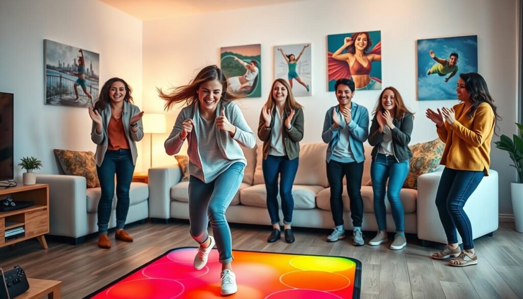 A lively and engaging scene depicting a modern living room where a diverse group of people, in comfortable casual clothing, are joyfully playing motion-based video games on a console. In the foreground, a young woman is energetically dancing on a colorful dance mat, her expression full of enthusiasm and excitement. In the middle background, two friends cheer her on, clapping and laughing, while another person prepares to join in. The room is bright and welcoming, illuminated by soft, ambient lighting that creates a cheerful atmosphere. The walls are decorated with vibrant art reflecting an active lifestyle. The image should capture the fun and communal aspect of movement-based gaming, emphasizing the theme of staying active at home. Include subtle branding elements for "treningdnia.pl" in the decor, ensuring it blends naturally into the scene.