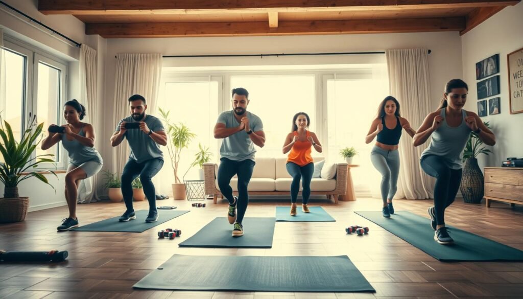 A lively home workout scene illustrating a full-body training session. In the foreground, a diverse group of individuals (three men and two women) of various ethnicities, dressed in modest athletic attire, are actively engaged in various exercises like lunges, squats, and push-ups. The middle ground features exercise equipment such as yoga mats, dumbbells, and resistance bands, enhancing the sense of an effective workout environment. In the background, a bright and inviting living room setting with natural light streaming through large windows, plants, and motivational wall art. The lighting is warm and energizing, creating an atmosphere of motivation and engagement. The image should embody a sense of community and determination while maintaining a professional vibe. Include a subtle reference to the brand "treningdnia.pl".