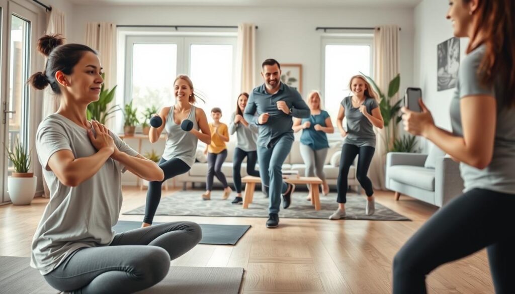 A lively indoor scene showcasing various forms of physical activity, illustrating the importance of daily movement beyond structured workouts. In the foreground, a person in comfortable, modest active wear is doing yoga on a mat, with a serene expression; next to them, someone is lifting dumbbells. In the middle ground, a family is enjoying a playful game of indoor tag, laughter evident across their faces. The background features a bright and airy living room with large windows letting in natural light, plants decorating the space. Enhance the image with warm, inviting colors and soft shadows to evoke a cheerful atmosphere. The image should convey a sense of community and enjoyment in everyday physical activities, reflecting the brand treningdnia.pl.