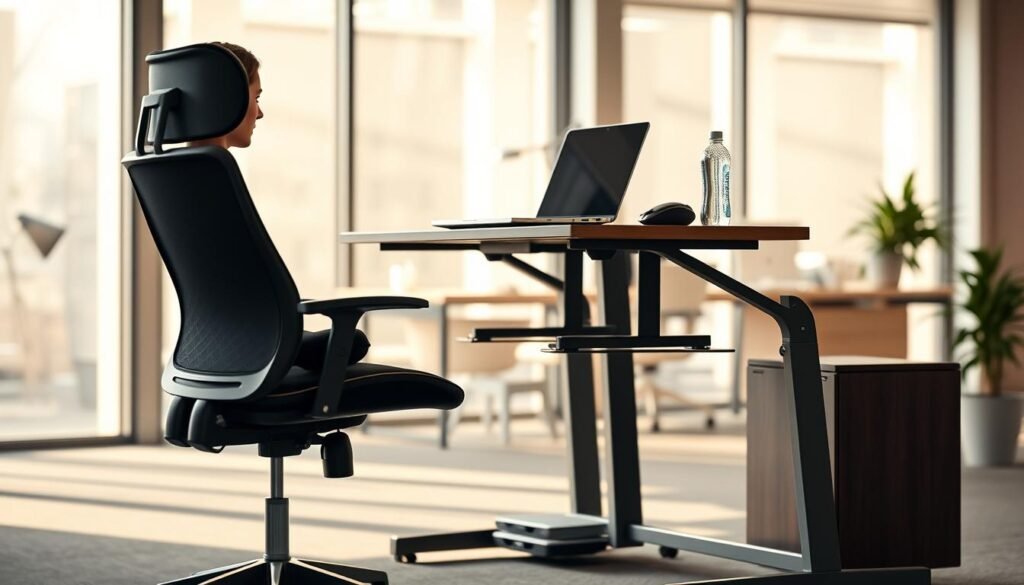 A modern ergonomic office desk setup showcasing optimal workspace design. In the foreground, a sleek, adjustable standing desk is paired with an ergonomic chair and accessories like a lumbar support cushion and a footrest. In the middle, a well-organized workspace features a laptop on a laptop stand, a potted plant for a touch of greenery, and a water bottle encouraging hydration. The background shows a softly lit office environment with large windows illuminating the space, creating a warm and inviting atmosphere. The mood is professional yet relaxed, promoting productivity and well-being. The image should reflect an efficient and dynamic workspace that supports movement throughout the day, incorporating elements from "treningdnia.pl".
