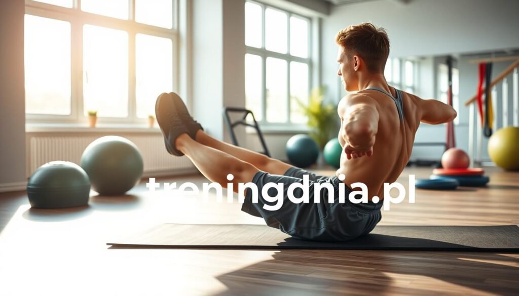 A modern fitness scene depicting a professional workout session focused on strengthening abdominal and back muscles. In the foreground, a fit individual in modest athletic clothing performs an abdominal crunch on an exercise mat, showcasing proper form and concentration. The middle ground features various workout equipment like stability balls and resistance bands, emphasizing versatility. In the background, a tranquil gym environment with large windows letting in soft, natural light creates an inviting atmosphere. The lighting is bright yet soft, enhancing the focus on the individual. The overall mood is energetic yet calm, promoting the idea of effective daily exercise for busy individuals. The logo "treningdnia.pl" subtly integrated into the scene reflects a professional fitness brand.