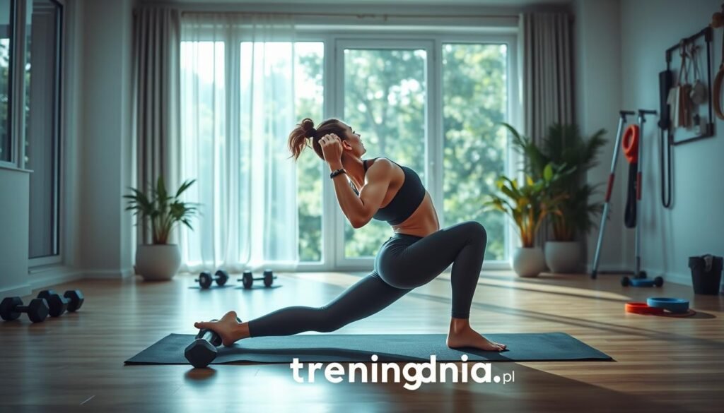 A modern home gym scene focusing on fat-burning exercises without any jumping. In the foreground, a fit individual in modest athletic wear performs a core-strengthening move on a yoga mat, demonstrating proper form. The middle section features workout equipment like dumbbells and resistance bands neatly arranged, hinting at a comprehensive workout plan. The background shows a bright, inviting space with large windows and greenery outside, creating a refreshing atmosphere. Soft, natural lighting flows into the room, enhancing the focus on the individual’s determination. The mood conveys motivation and tranquility, ideal for a home fitness routine, with subtle branding elements of "treningdnia.pl" integrated into the design.